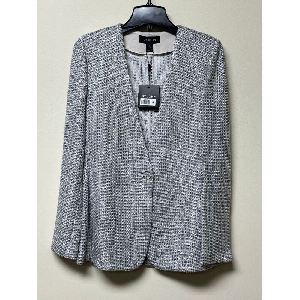 NWT ST. JOHN Silver Multi Blazer Rhinestone Single Button, Sz 8